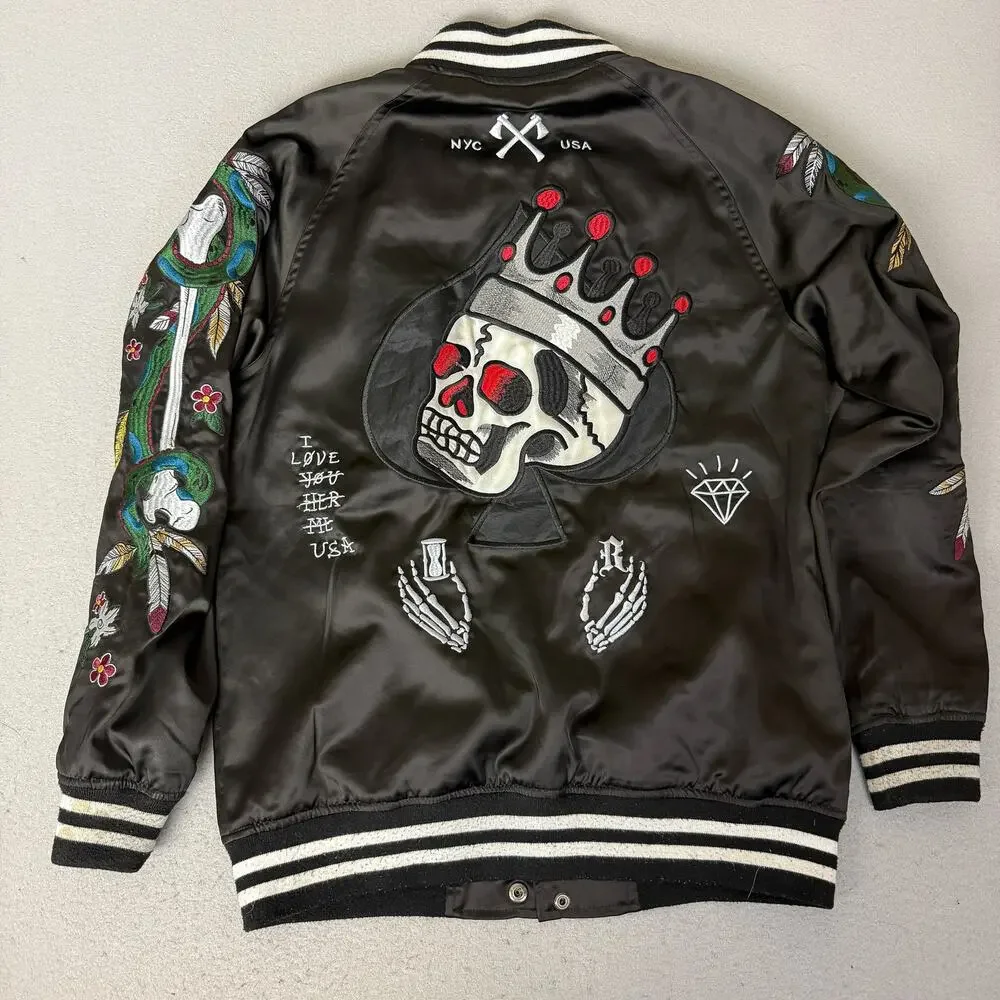 Reason NYC Satin Bomber Jacket Mens L Black Embroidered Skull Snake Varsity